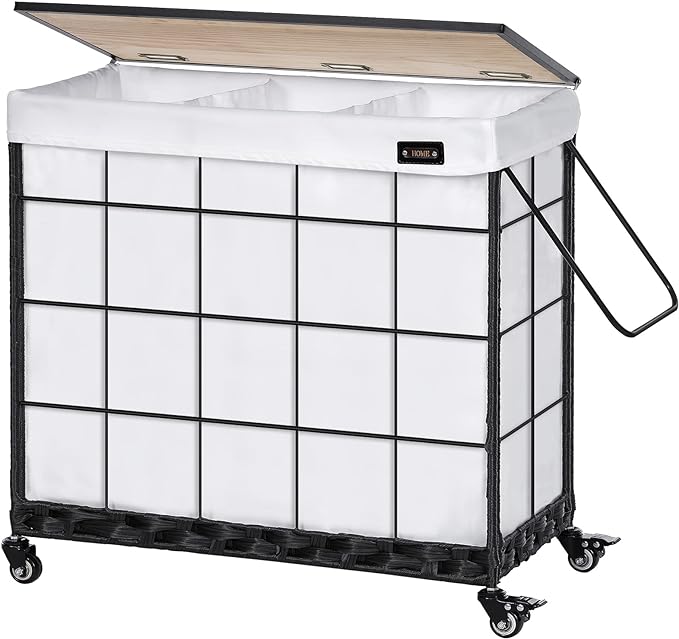 132L Laundry Hamper with Lid, 3-Section Laundry Basket with Rolling Wheels | 3 Laundry Compartments; Lockable Rubber Casters; Adjustable Metal Handle; Reinforced Steel Frame; Machine-Washable Liner Bag by Hermina