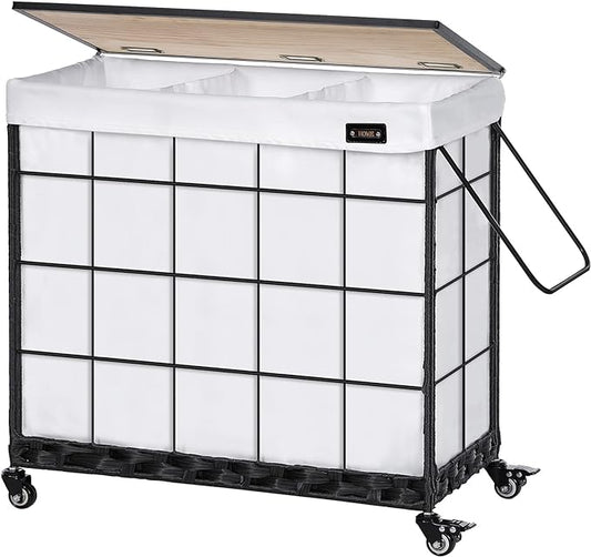 132L Laundry Hamper with Lid, 3-Section Laundry Basket with Rolling Wheels | 3 Laundry Compartments; Lockable Rubber Casters; Adjustable Metal Handle; Reinforced Steel Frame; Machine-Washable Liner Bag by Hermina