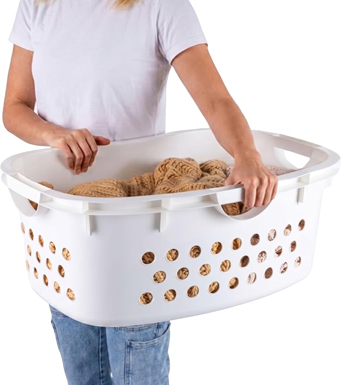 IRIS USA Laundry Basket, 51L Plastic Hip Hold Hamper, 4 Pack, 1.5 Bushel | Comfortable hip-hold handles and ventilated design make transporting clothes, towels, and linens easier. - Image 4