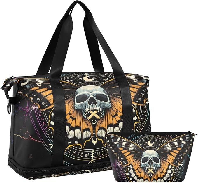 MNSRUU Travel Duffel Tote Bag Mysterious Skull Horoscope Black Gold Marble Stripe Sports with Wet Pocket Weekender Overnight for Women Men Gym Bag, Carry On Hospital Labor & Delivery - Image 7