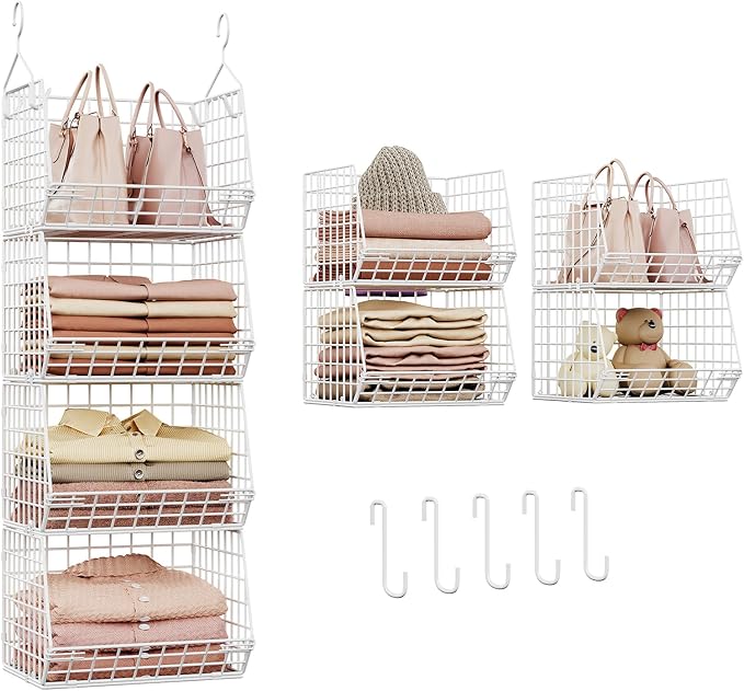 4 Tier Closet Hanging Organizer Foldable Dorm Closet Organizer White | Freestanding Closet Organizers and Storage with 5 S Hooks, wire closet shelving for Wardrobe Laundry Room Patent (11.8" D) by X-cosrack