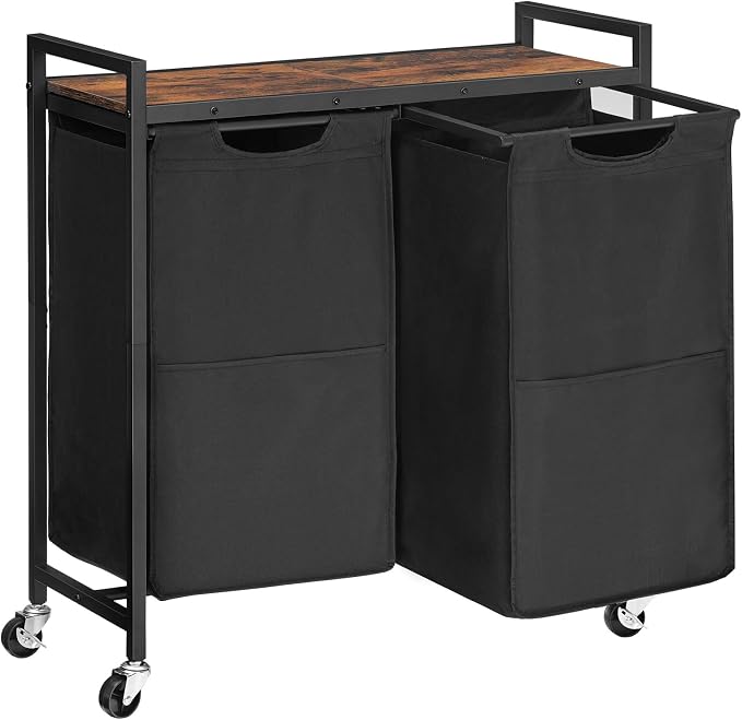 HOOBRO Laundry Hamper, Laundry Sorter 2 Section, 2 × 13 Gal (49.5L), Laundry Basket with Wheels, Rolling Cart, Pull-Out and Removable Oxford Fabric Bags, Rustic Brown and Black BF72XY01 by HOOBRO