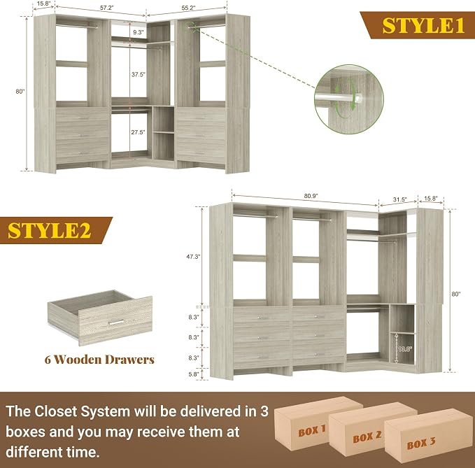 Aheaplus Closet System with 6 Drawers, 4 Hanging Rods & Corner Tower, Corner Closet System with Hanging,80.9" L-Shaped Walk-In Wardrobe Organizer, 2000+ lbs Capacity, Set of 3, White Oak - Image 7