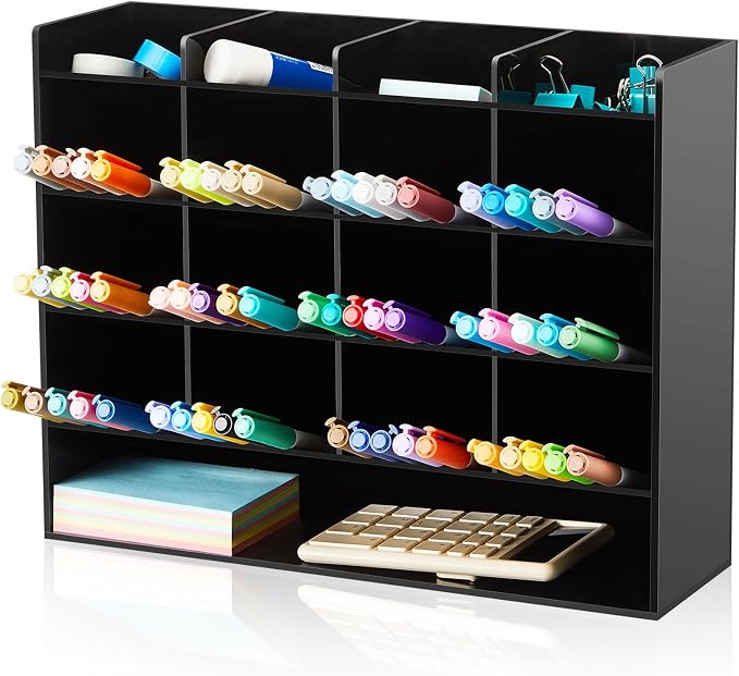 MotiMind Acrylic Pen and Marker Organizer for 200 Markers | 17 Compartments, Vertical Marker Pencil Organizer, Acrylic Pen Display Holder, Art Supply Storage for Desk Stationery, Clear by MotiMind