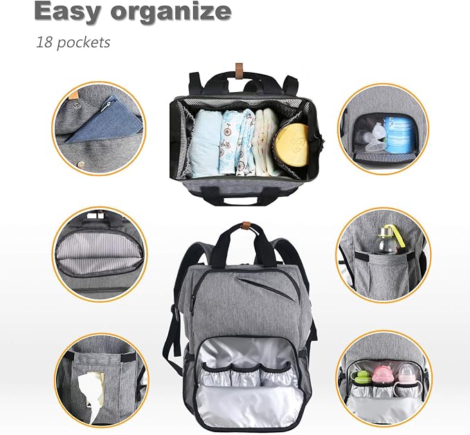 Hap Tim Diaper Bag Backpack,Large Capacity Travel Back Pack Maternity Baby Nappy Changing Bags, Double Compartments with Stroller Straps,Waterproof,Grey (US7340-G) - Image 3
