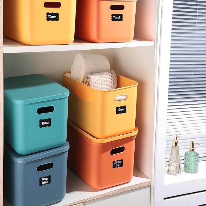 8 Pcs Plastic Storage Bins Stackable Baskets with Lid and Handle Colorful Desktop Storage Box Cubby Containers for Shelf Bedroom Office, Include 1 Erasable Marker, 16 Stickers (14 x 10 x 9 In) - Image 4