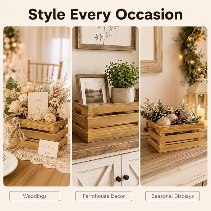 Wooden Crates for Display 6 Pack, Rustic Nesting Wood Crates | 6 sizes of pine wood crates with handles for farmhouse decor, storage, weddings, markets, and DIY crafts - Image 5