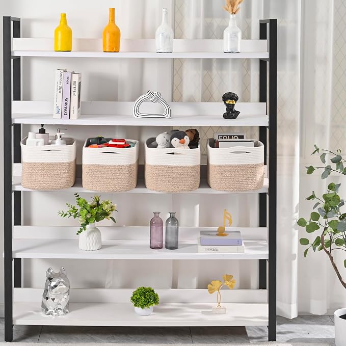 ICERZCZ Woven Cotton Rope Storage Baskets for Organizing & Shelves, Organization Bins for Dog Toys, Clothes, Books, Nursery Organizer, 15"x11"x9", Off White & Mixed Brown (4 Packs) - Image 5