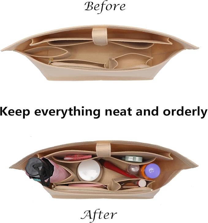 Purse Organizer Insert for Handbags, Felt Neverfull MM Organizer Insert with Laptop Compartment, Tote Bag Organizer with Zipper Pocket and Bottle Holder, Fit Neverfull MM and More, Beige-L - Image 3