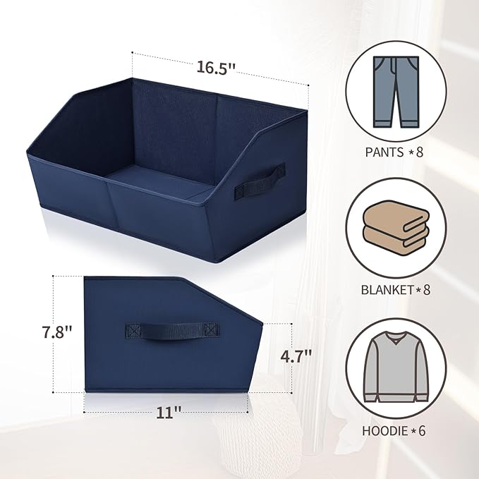 Closet Baskets for Shelves Trapezoid - Decorative Storage Baskets with Handle, Closet Bins for Organization, Shelf Storage Bins for Clothes, Books, Home, Office, 3 Pack, Navy Blue - Image 2