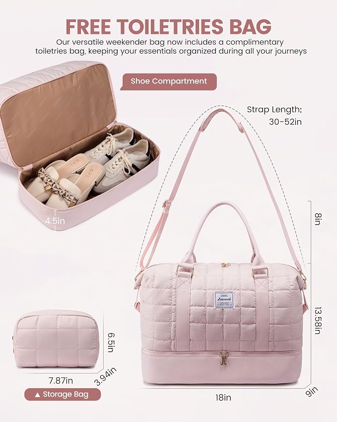 LOVEVOOK Large Duffle Bag for Travel, Puffer Weekend Bags for Women Travel Tote, Carry on Duffel Bag for Airplanes, 18 Inch Personal Item Bag Gym Bag Women, Pink - Image 2