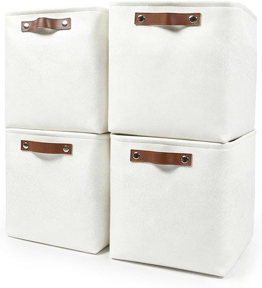 13x13 Cube Storage Bins, Collapsible Fabric Storage Box, 4 Pack Closet Baskets with Handles for Organizing, Shelf, Toys, Clothes, Home, Office, Nursery (White) by Bagnizer