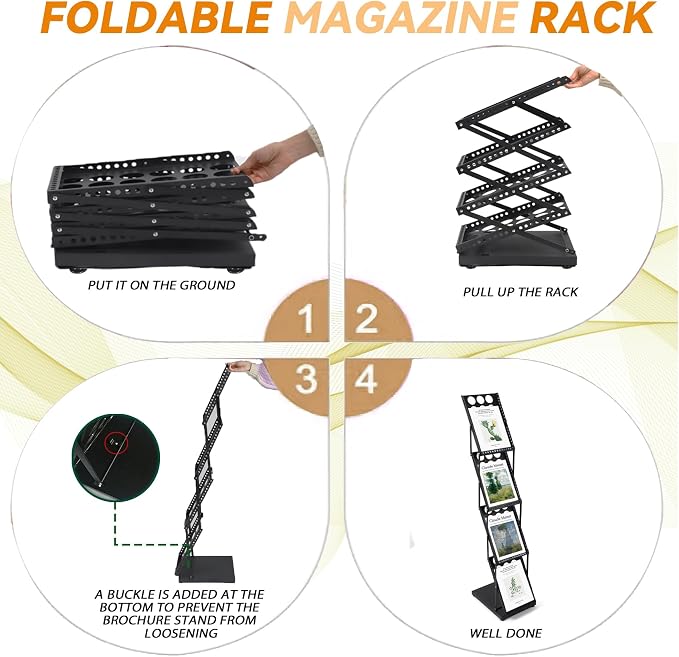 Foldable Magazine Rack Metal Catalog Literature Rack, Literature Stand Rack | Collapsible Flyer Holder,Portable 4 Pockets with Carrying Bag,Floor-Standing Holder Stand for Exhibition Trade Show,Black - Image 5