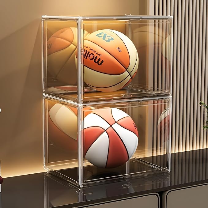 GUDEMAY Large Clear Stackable Plastic Storage Bins with Door, Dustproof Figures Collectibles Display Case, Football & Motorcycle Helmet Showcase, Basketball, Memorabilia Organizer Box (XL, Count, 1) - Image 6