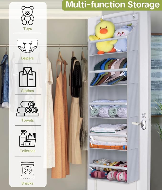 AOODA Over the Door Organizer, Large Capacity Closet Door Hanging Organizer, Clear Deep Pockets Baby Storage for Nursery, Bathroom, Bedroom, Pantry, Diapers (Grey) - Image 7