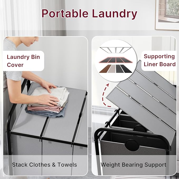 180L Laundry Sorter 4 Section with Lockable Wheels and Lid Grey | 4 Large Separate Removable Bags | Heavy Duty Rolling Laundry Basket | Laundry Hamper Cart for Laundry Room Organizer - Image 5