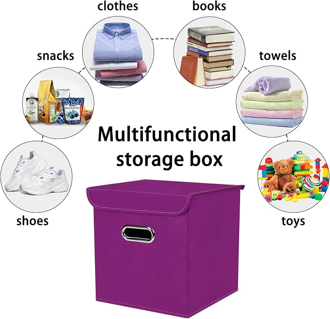 Closet Organizers Fabric Storage Bins With Lids Collapsible Cube Storage Organizer Basket With Handles,Storage Boxes for Clothes Storage,Office,Laundry,Shelves,6 Pack,（Purple） - Image 3