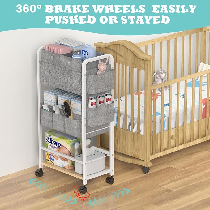 LIDTOP 2In1 Diaper Caddy & 4-Tier Rolling Diaper Cart, Diaper Caddy Organizer Cart with Dividers & Drawer, Mobile Metal Bedside Cart for Baby Nursery Essentials Storage, Large Capacity, White - Image 6