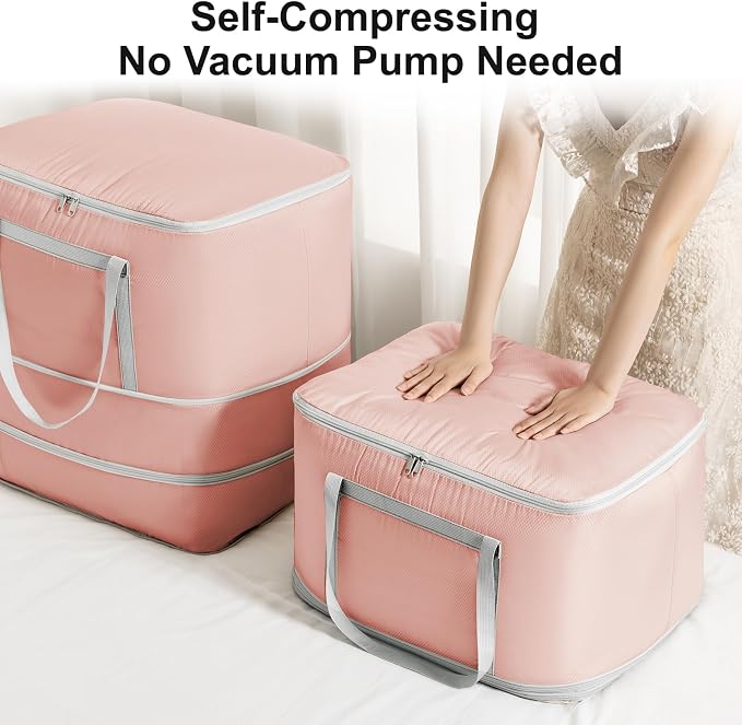 Comforter Storage Bag - 120L Bedding Storage Bags for Moving Closet, Washable Blanket Storage Bag, Ultra Space Saving Self Compression Organizer, 4-Pack, Pink - Image 5