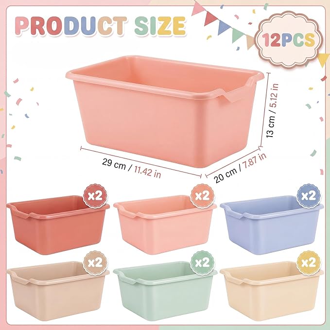 Novabright 12 Pcs Plastic Book Bins for Classroom, Back to School Supplies Library Cubby Bins Scoop Front Stackable Toy Storage Tubs Colorful Containers for Office Home Nursery Playroom Organization - Image 2