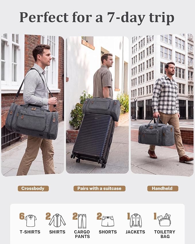 Gonex Canvas Duffle Bag, Expandable 60L Travel Overnight Weekender Bag | for Men, with Toiletry Bag, Multiple Pockets, Carry-On Size, Durable Zippers, Detachable Strap, Gray - Image 5