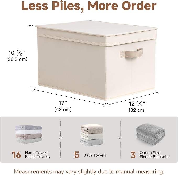 StorageWorks Fabric Storage Bins with Lids, Closet Storage Bins | Lidded Dust-proof, Easy Pull Handles, Foldable, Stackable, Ideal for Clothes Blanket Towel, Jumbo, Cream White, 3-Pack - Image 6