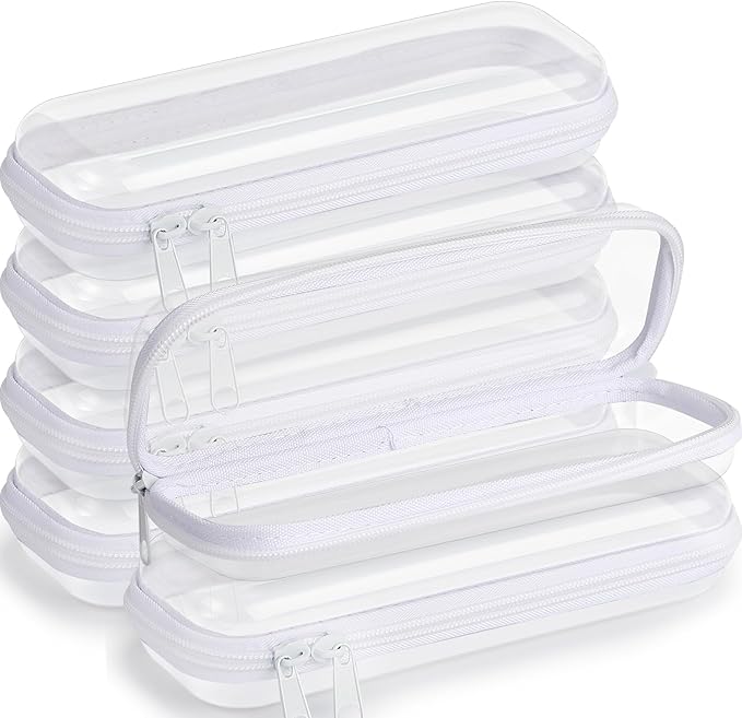 Sanwuta 6 Clear Hard Zipper Case,White,7.87 X 2.56 X 1.57 Inch | Pencil Case Pouches ,Makeup Bag,Plastic Toiletry Diaper Bag ,Travel Toy Storage,Waterproof Organizer Bins by Sanwuta