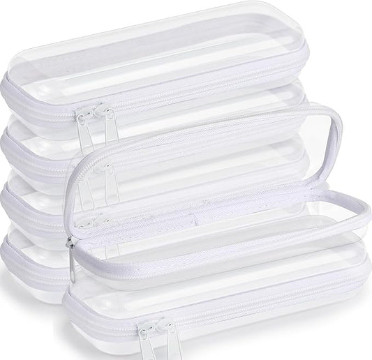 Sanwuta 6 Clear Hard Zipper Case,White,7.87 X 2.56 X 1.57 Inch | Pencil Case Pouches ,Makeup Bag,Plastic Toiletry Diaper Bag ,Travel Toy Storage,Waterproof Organizer Bins by Sanwuta