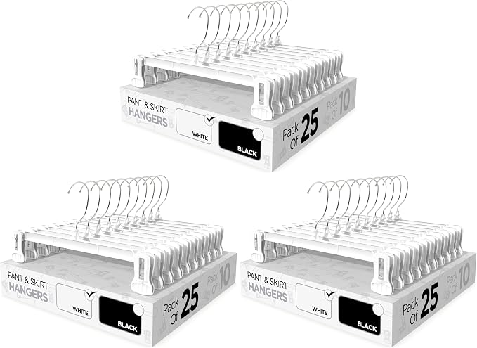 Pant & Skirt Hangers - Closet Hangers for Shorts, Shirts, Jeans, Dresses, Slacks, Coats, Clothes, Clothing, Garments & More - Durable, Space Saving & Non-Slip, White - 75 Pack by Sharpty