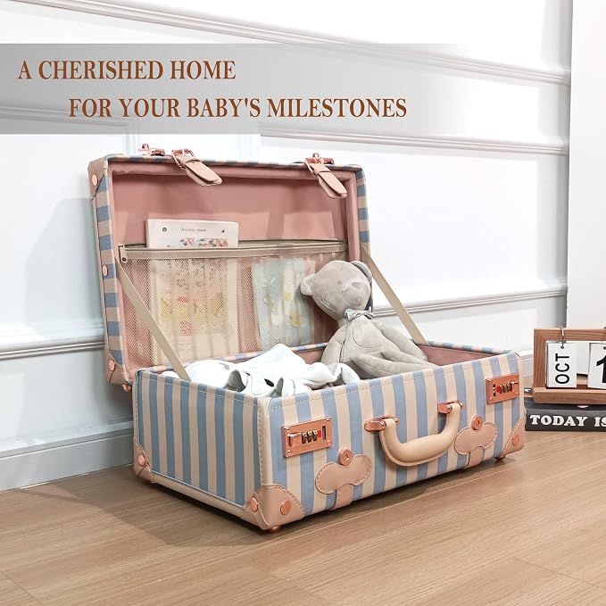 Unitravel Baby Keepsake Case, 18" Handmade Memory Storage Box, Newborn Keepsake Box, Vintage Suitcase for Baby Shower, Baptism, Naming Ceremony or Birthday (blue strip) - Image 4