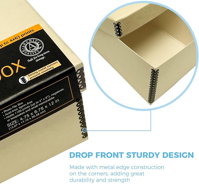 Lineco Archival Photo Card Box, Museum-Quality Storage, 4x6x12 Inch, Tan | Acid-Free with Removable Lid, Metal-Edge Corner, Bulk Storage and Preservation for Negatives, Prints, Films, Photos, Snapshot - Image 4