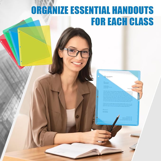 Seajan 48 Pcs Binder Pocket Folders, Clear 3 Ring Binder, Multicolored | Plastic Folders Sleeves with 2 Pockets, Poly Slash File Jackets, 3 Hole Punched Dividers for School, Office, Documents - Image 5