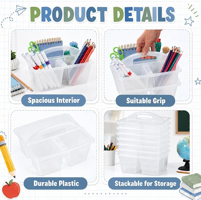gisgfim 6 Pack Classroom Caddy with Handle Plastic Storage Caddy Organizer with 3 Compartments Desk Caddies Holder Portable Storage Bin for Pencil, Crayon, Marker, Home, Office, School Supply(Clear) - Image 3