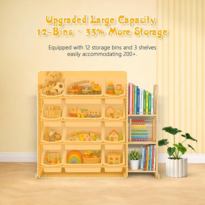 Toy Storage Organizer with 12 Bins & 3-Tier Bookshelf - White | 12 Removable Bins Keep Toys Sorted; 3-Tier Kids Bookshelf Creates Easy-Access Storage for Kids Rooms and Playrooms - Image 5