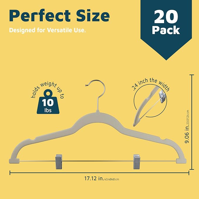 Lifemaster Velvet Skirt Hangers – with Adjustable Clips, 360 Degree Swivel Hook, and Non-Slip Shoulder Notch, Holds Up to 10 lbs, for Organizing Skirt, Pants, Dress, and Clothes, Pack of 20, Ivory - Image 2