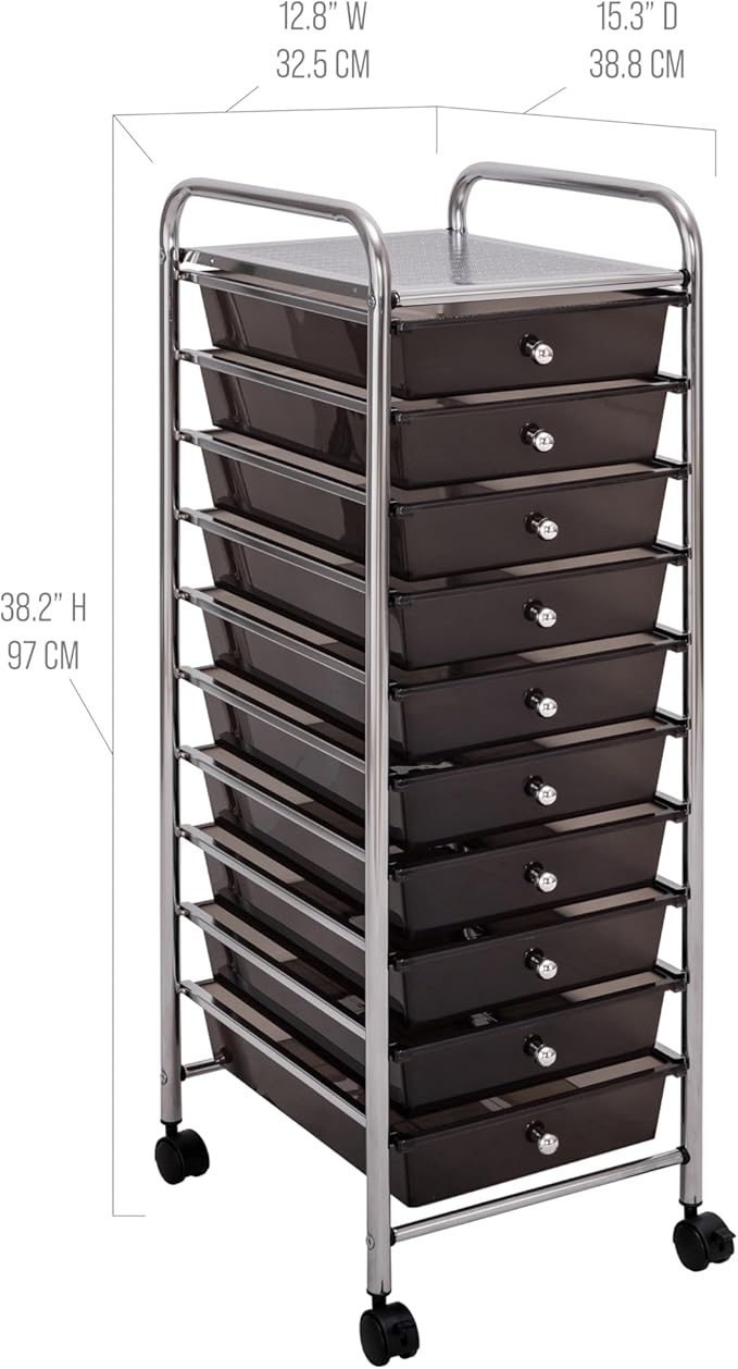 Seville Classics Rolling Utility Organizer Storage Cart, for Home Office, School, Classroom, Scrapbook, Hobby, Craft, 10 Drawer, Black - Image 3
