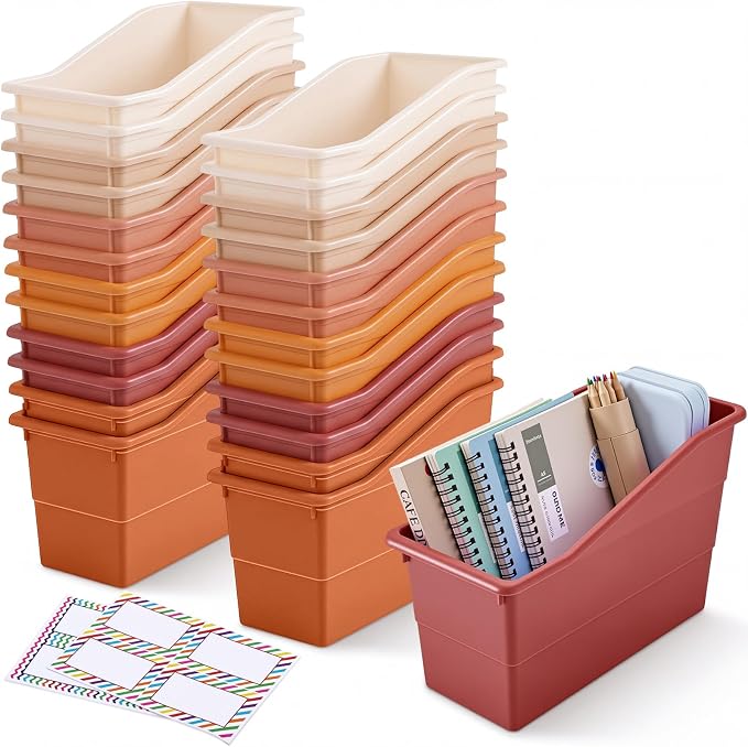 Blosssound 24 Set Book Bins for Classroom Stackable,Earth Tones | Plastic Baskets with Labels, Slanted Front, Library Supplies Organizers, Desktop Storage Bins, Teachers Home School Use by Blosssound