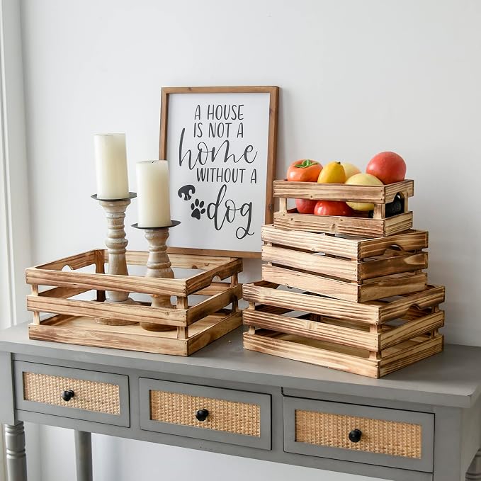 Set of 4 Large Torched Wood Decorative Storage Crates, Nesting Wooden Crates for Display Rustic, Farmhouse Wooden Storage Container Boxes Made from 100% Wood - Image 7