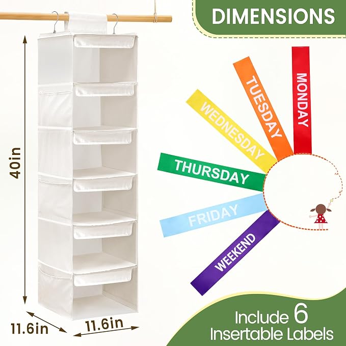 6-Shelf Weekly Clothes Organizer for Kids, Hanging Daily Closet Organization with 6 Side Pockets, Days of The Week Clothing Divider Storage for Boys and Girls (White) - Image 2
