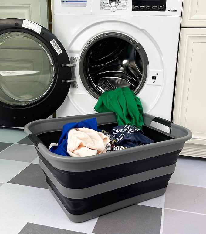 SAMMART 42L (11 Gallon) Collapsible Plastic Laundry Basket - Foldable Pop Up Storage Container/Organizer - Portable Washing Tub - Space Saving Hamper/Basket (1, Grey/Black) - Image 2