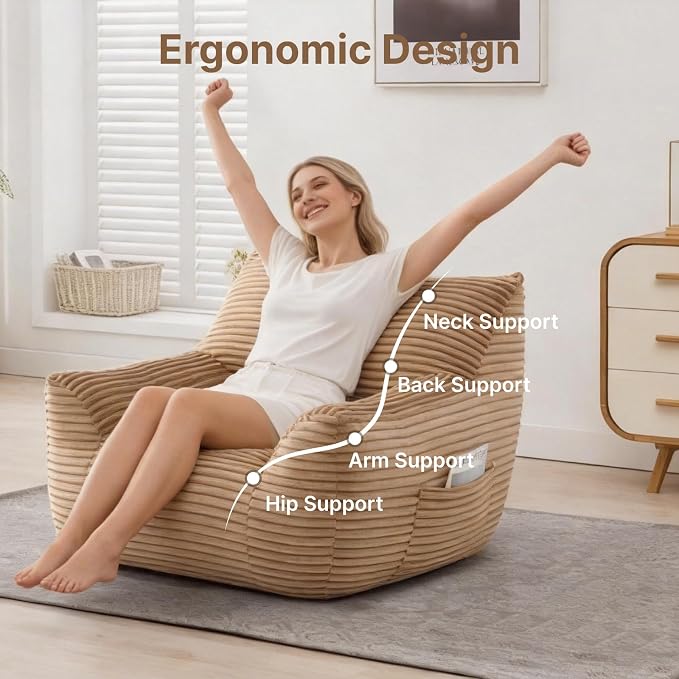 Bean Bag Chair for Adults & Kids, Giant Bean Bag Sofa with Side Pocket, Corduroy Beanbag Chair with Armrests, Comfy Stuffed Floor Sofa for Living Room Bedroom Dorm, Brown - Image 5