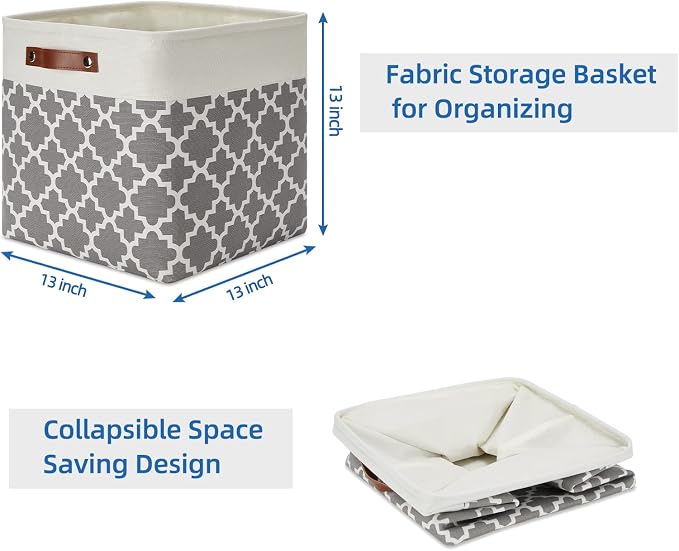 Temary 13ﾗ13ﾗ13 Foldable Storage Cube Baskets Fabric Cube Storage Basket for Organizing Cloth Storage Bins with Leather Handles for Gifts Empty, Closet (Grey Lattice) - Image 7