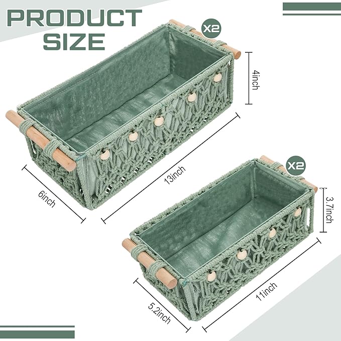 Vesici 4 Pcs Sage Green Macrame Storage Basket for Shelves 13" 11" Boho Storage Basket Hand Woven Boxes with Wood Handles Beads Decorative Countertop Toilet Cabinet Organizer for Home Decor - Image 2