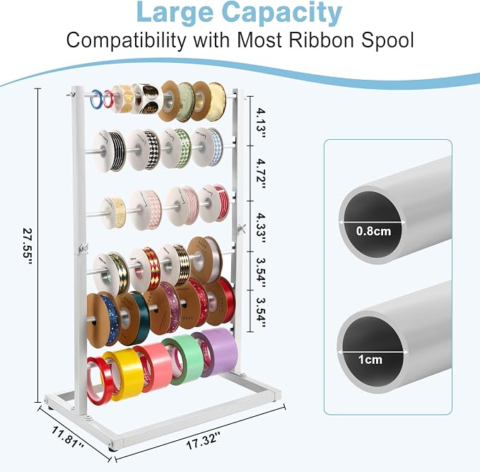 Aulin 6 Tier Large Capacity Ribbon Storage Organizer Rack(White) | Metal Ribbon Spool Holder：It comes with six standard-thickness rods and three thinner rods. - Image 2