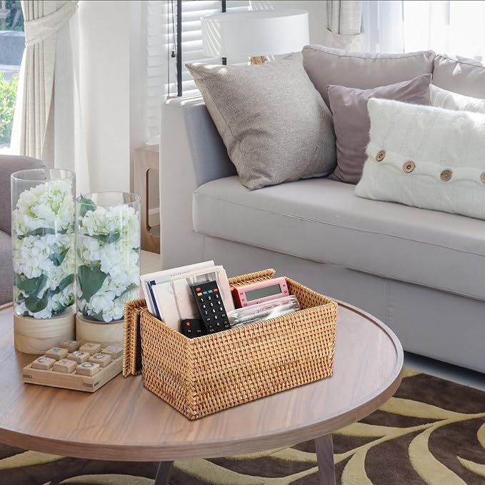 Hipiwe Rattan Basket Storage Box with Lid Handwoven Lidded Wicker Baskets | Decorative Baskets Bin Rectangular Household Baskets for Shelf Organizing Home Decor, 11.8"Lx6.2"Wx6.1"H - Image 3