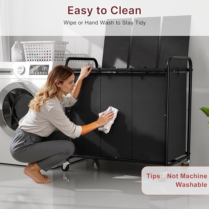 180L Laundry Sorter 3 Section with Lockable Wheels and Lid Black | 3 Large Separate Removable Bags | Heavy Duty Rolling Laundry Basket | Laundry Hamper Cart for Laundry Room Organizer - Image 8