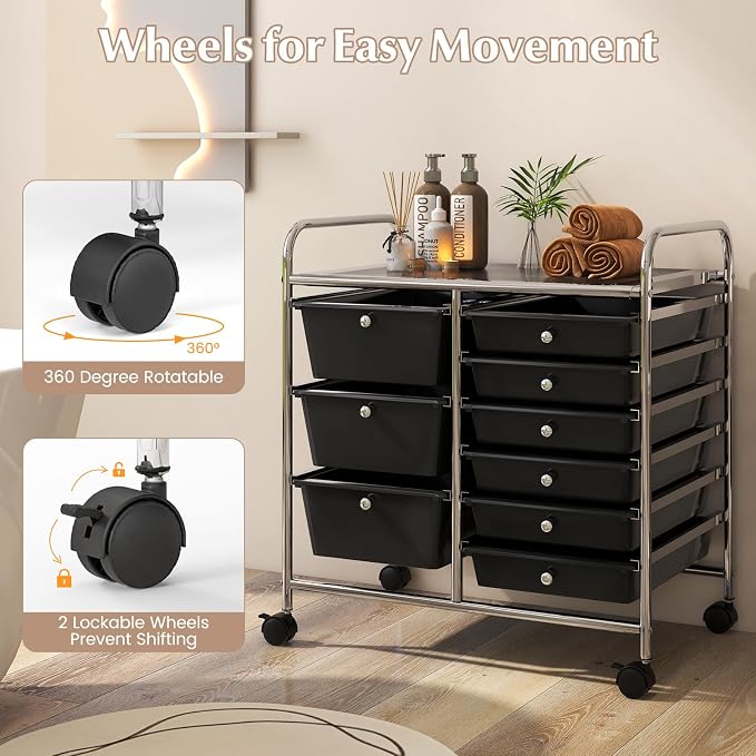 9 Drawer Rolling Storage Cart, Rolling Cart with Drawers for Classroom, Art Supply Craft Organizer on Wheel with Metal Frame & Handles for Home Office School - Image 6