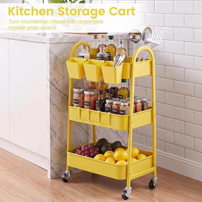 danpinera 3-Tier Rolling Cart, Utility Cart Mobile Metal Rolling Storage Cart with Lockable Wheels & Hanging Cups & Hooks for Kitchen, Bathroom, Office, Workshop, Yellow - Image 7