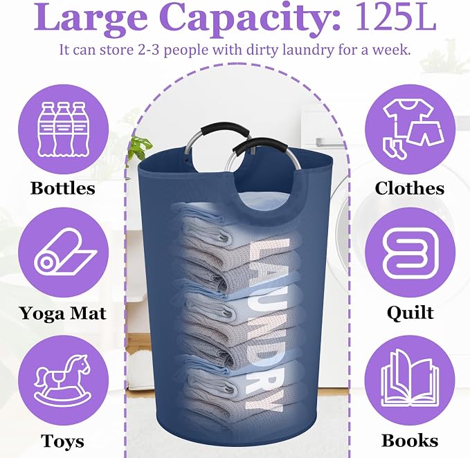 125L Collapsible Laundry Basket with Handles, Extra-large Laundry Hamper for Bedroom, Freestanding Dirty Clothes Basket, Sturdy Laundry Bin for Living Room, Camping, Navy Blue - Image 2