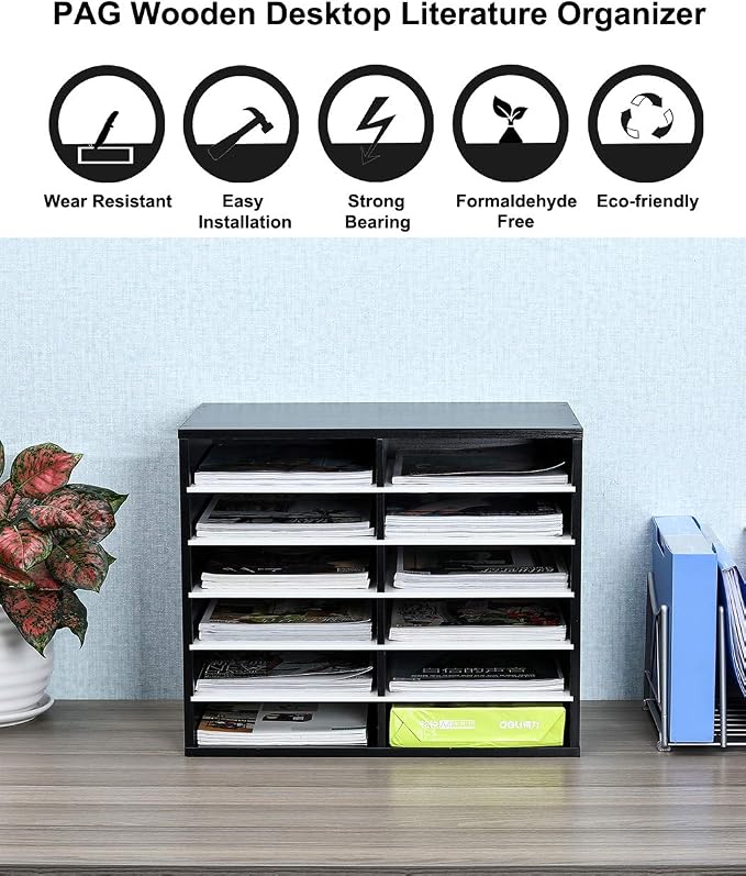 Countertop Mail Sorter Organizer, Wooden Literature Organizer, Student Mailbox for Classroom, Desktop Bill Organizer for Office Home School, 12 Compartments, Black&White - Image 6